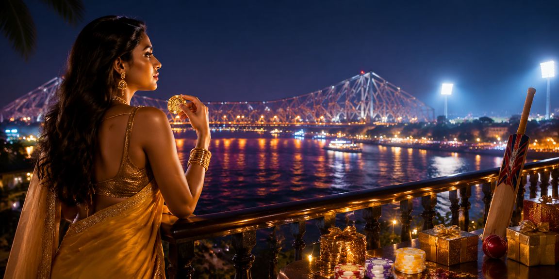 View of Kolkata Howrah Bridge with cricket betting theme